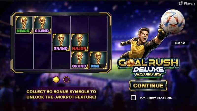 Goal Rush Deluxe - रीलों और स्टेडियम सीटिंग के साथ मुख्य मेनू